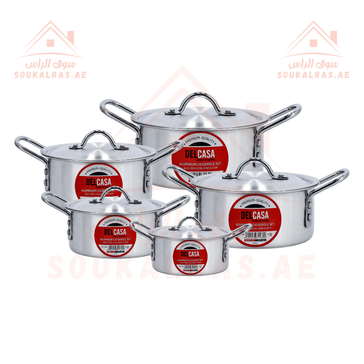 Aluminium Casserole Set of 10 - Multipurpose Cookware Stock Pot (18cm,20cm, 22cm, 24cm, 26cm) - Souk Al RasCookware Sets