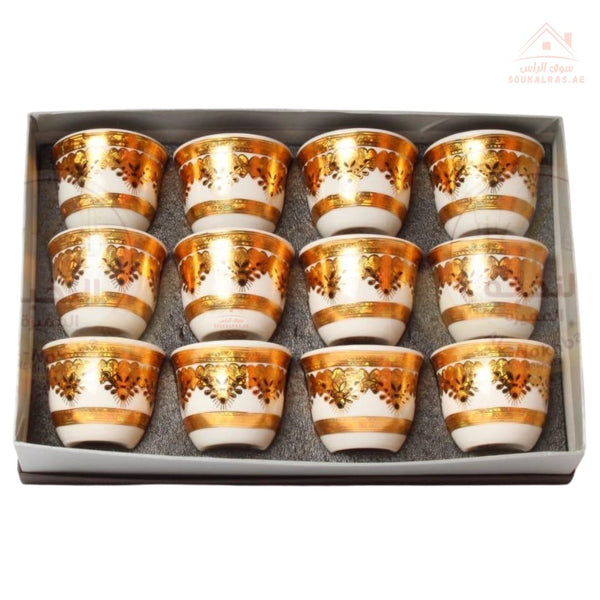 Arabic Coffee Cup Set – 12 Pieces with Shiny Gold Floral Design | Perfect for Majlis, Elegant Gatherings & Special Occasions - Souk Al Ras
