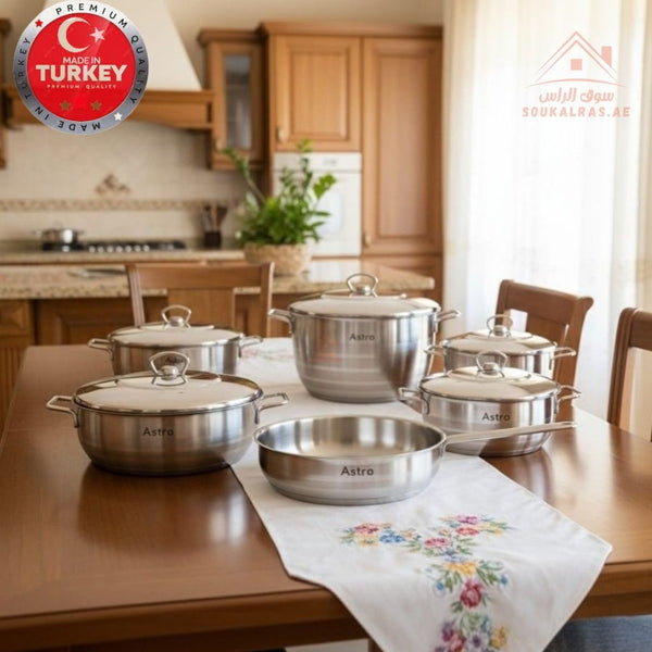 Astra 11 - Piece Stainless Steel Cookware Set | Induction & Gas Compatible | Premium 18/10 Stainless Steel | Made in Turkey| 5 - year warranty - Souk Al Ras