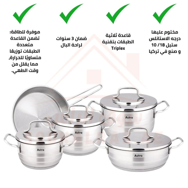 Astra Premium 9 - Piece Stainless Steel Cookware Set | 3 - Year Warranty | Premium 18/10 Stainless Steel | Made in Turkey - Souk Al Ras