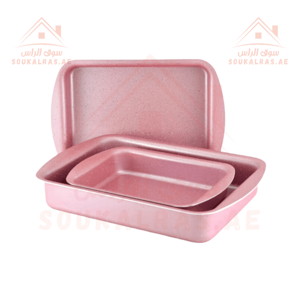 AVCI 3 - Piece Rectangular Baking Tray Set | Pink Non - Stick Bakeware | Durable & Stylish - Made in Turkey - Souk Al Ras