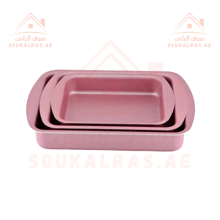 AVCI 3 - Piece Rectangular Baking Tray Set | Pink Non - Stick Bakeware | Durable & Stylish - Made in Turkey - Souk Al Ras