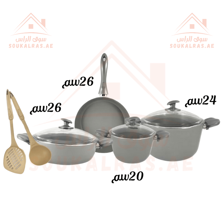 AVCI Home Maker HELLA 9 - Piece Cookware Set | Non - Stick Ceramic| made in turkey | PFOA - Free | 20cm, 24cm Deep Pots, 26cm Low Pot , Fry Pan , 1 Spatula & 1 Scoop - Souk Al Ras