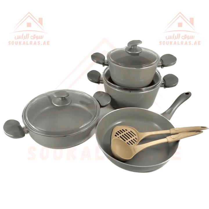 AVCI Home Maker HELLA 9 - Piece Cookware Set | Non - Stick Ceramic| made in turkey | PFOA - Free | 20cm, 24cm Deep Pots, 26cm Low Pot , Fry Pan , 1 Spatula & 1 Scoop - Souk Al Ras