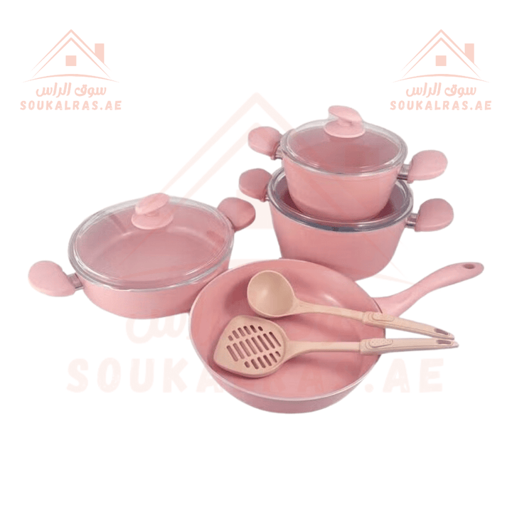 AVCI Home Maker HELLA 9 - Piece Cookware Set | Non - Stick Ceramic| made in turkey | PFOA - Free | 20cm, 24cm Deep Pots, 26cm Low Pot , Fry Pan , 1 Spatula & 1 Scoop - Souk Al Ras