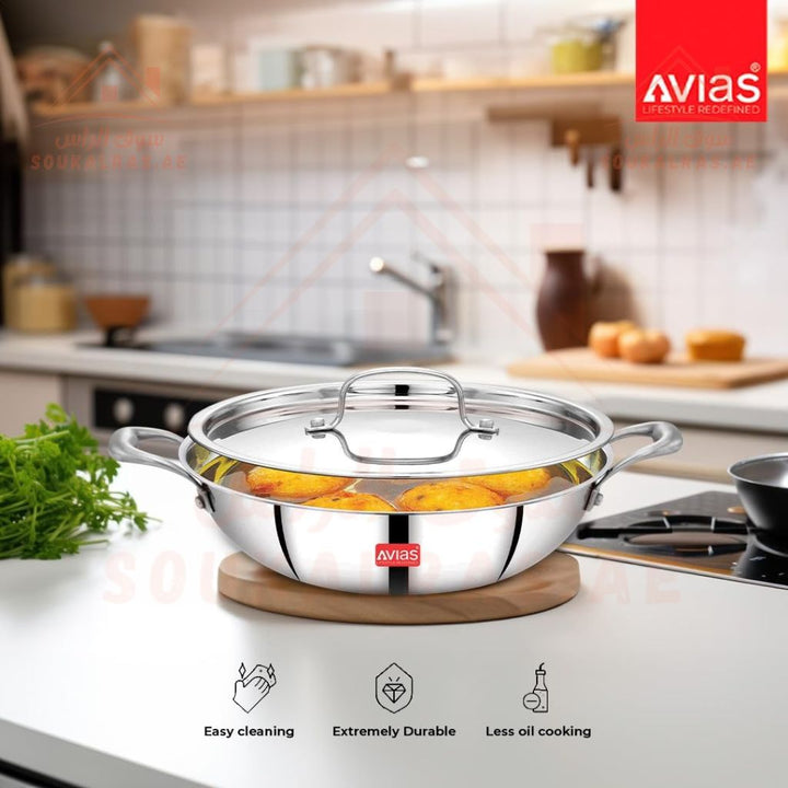 Avias Riara Triple Kadai with Lid 2.5 Litre | 5 - Year Warranty | Stainless Steel Kadai | Made in India - Souk Al Ras