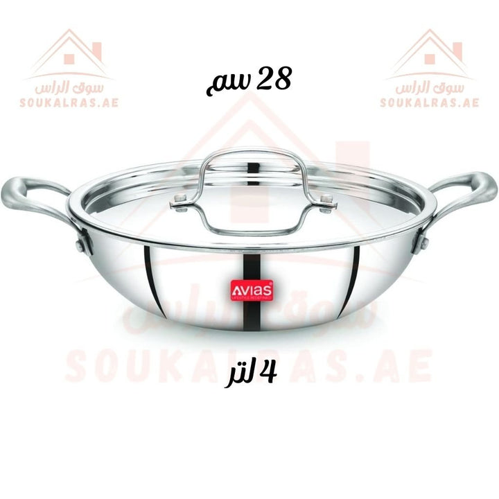 Avias Riara Triple Kadai with Lid 4 Litre | 5 - Year Warranty | 18/10 Stainless Steel Kadai | Made in India - Souk Al Ras