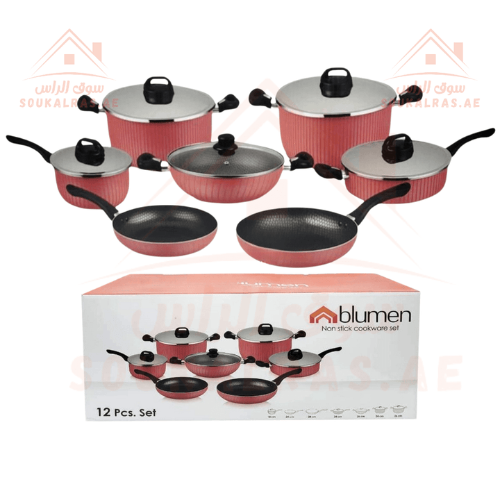 Blumen Stainless steal Non - Stick Cookware Set with Aluminum Body, 12 Pcs - Souk Al RasCookware Sets