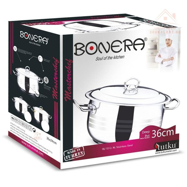 Bonera 36CM heavy - duty casserole. 18/10 stainless steel, perfect for large meals, stews, and curries. Made in Turkey - Souk Al Ras