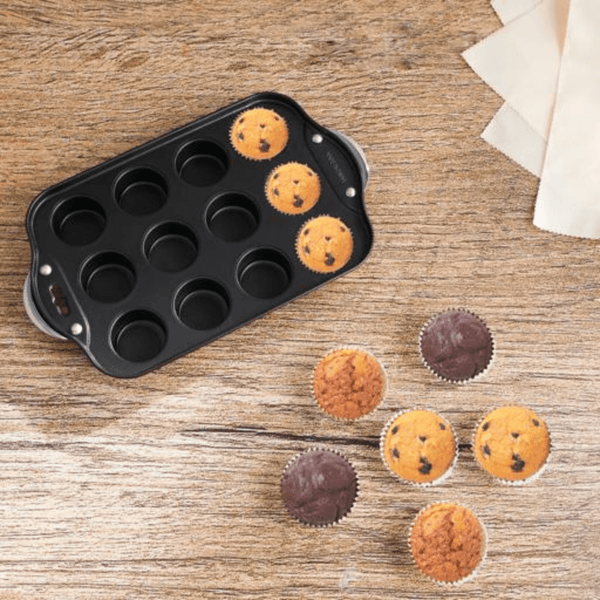 Carbon Steel Muffin Pan with Loose Base - Non - Stick Coating - 12 Cups Baking Pan - Souk Al RasBakeware