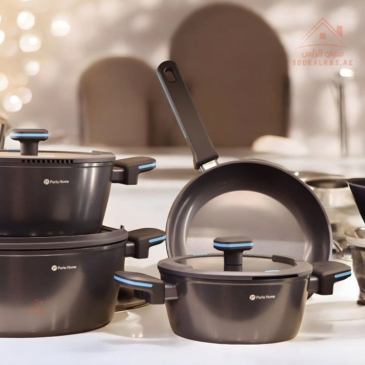 Challenger Series 9 - Piece Crystal Ceramic Cookware Set| 3 Casseroles, 1 Saucepan, 1 Frying Pan | Premium Scratch - Resistant & Induction Base - Souk Al Ras