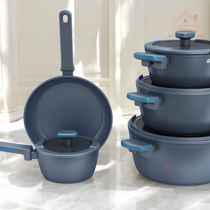 Challenger Series 9 - Piece Crystal Ceramic Cookware Set| 3 Casseroles, 1 Saucepan, 1 Frying Pan | Premium Scratch - Resistant & Induction Base - Souk Al Ras