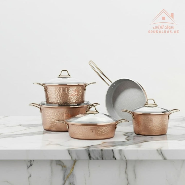 Copper Series 9 - Piece Premium Granite Cookware Set | Die - Cast Aluminum & German Granite| Made in Turkey| Perfect heat distribution & elegant hammered design. - Souk Al Ras