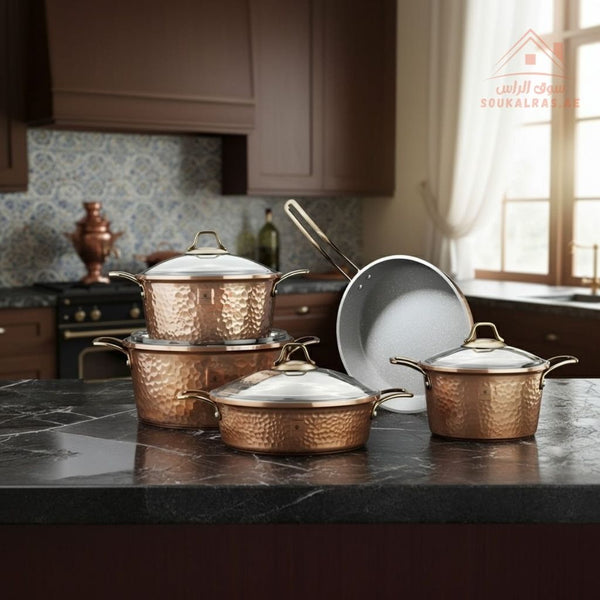 Copper Series 9 - Piece Premium Granite Cookware Set | Die - Cast Aluminum & German Granite| Made in Turkey| Perfect heat distribution & elegant hammered design. - Souk Al Ras