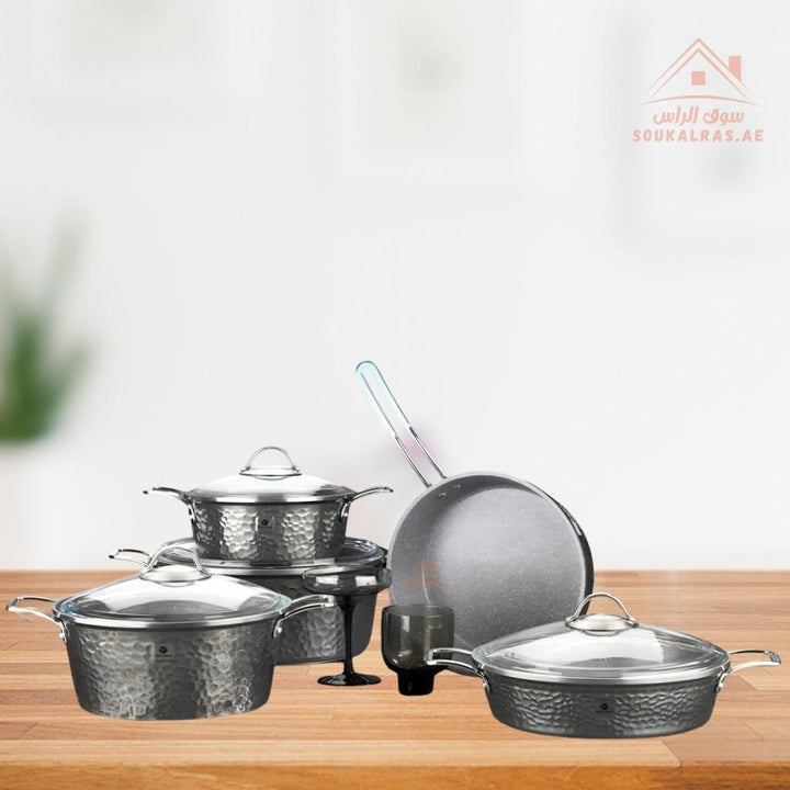 Copper Series Platinum 9 - Piece Cookware Set | Die - Cast Aluminium & German Granite | Made in Turkey| Perfect heat distribution & elegant hammered design. - Souk Al Ras