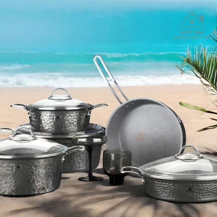 Copper Series Platinum 9 - Piece Cookware Set | Die - Cast Aluminium & German Granite | Made in Turkey| Perfect heat distribution & elegant hammered design. - Souk Al Ras