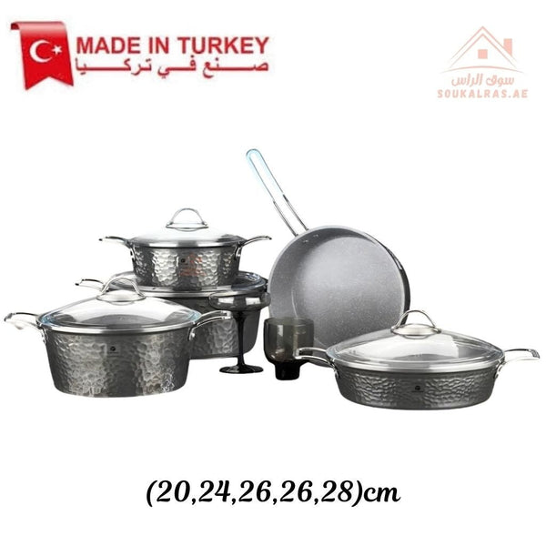Copper Series Platinum 9 - Piece Cookware Set | Die - Cast Aluminium & German Granite | Made in Turkey| Perfect heat distribution & elegant hammered design. - Souk Al Ras