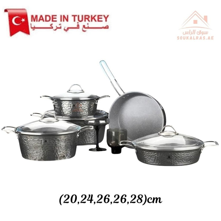 Copper Series Platinum 9 - Piece Cookware Set | Die - Cast Aluminium & German Granite | Made in Turkey| Perfect heat distribution & elegant hammered design. - Souk Al Ras