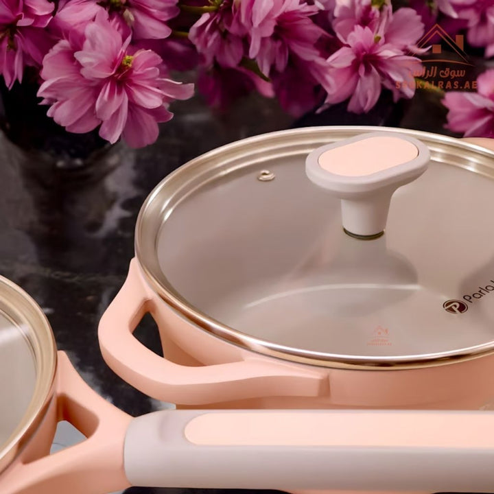Coral Series 9 - Piece Crystal Ceramic Cookware Set | Pink Die - Cast Aluminum | 6 - Layer Non - Stick & Induction Compatible - Souk Al Ras
