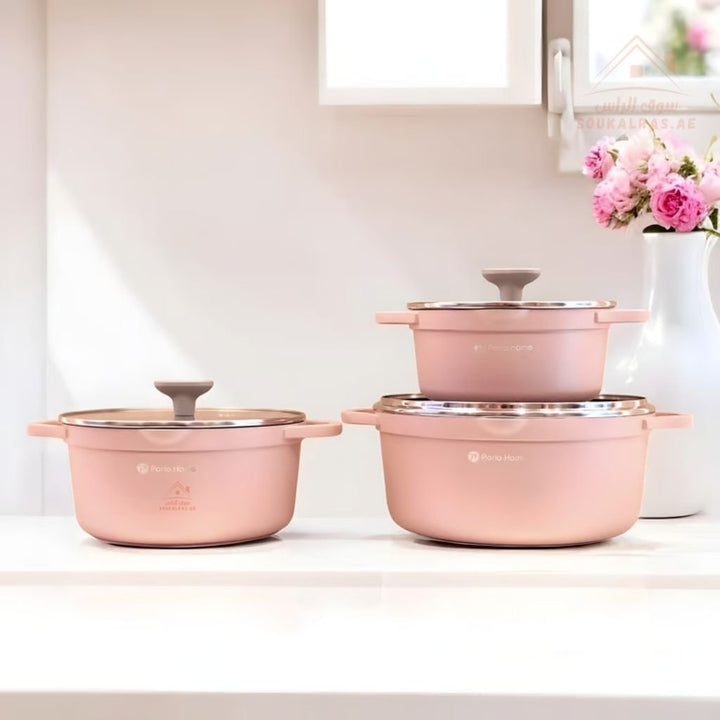 Coral Series 9 - Piece Crystal Ceramic Cookware Set | Pink Die - Cast Aluminum | 6 - Layer Non - Stick & Induction Compatible - Souk Al Ras