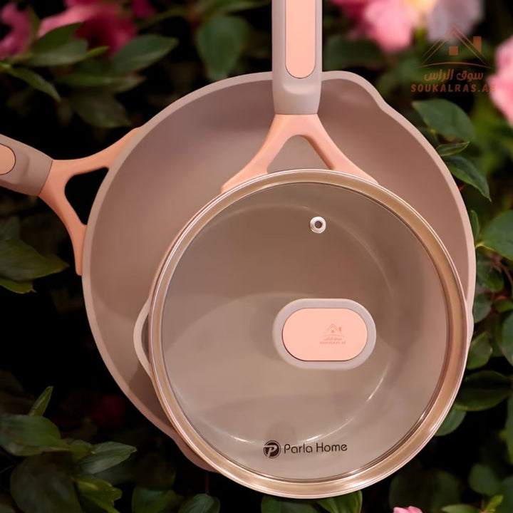 Coral Series 9 - Piece Crystal Ceramic Cookware Set | Pink Die - Cast Aluminum | 6 - Layer Non - Stick & Induction Compatible - Souk Al Ras