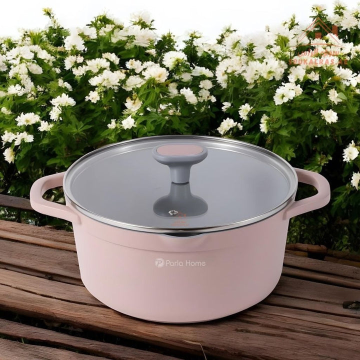 Coral Series 9 - Piece Crystal Ceramic Cookware Set | Pink Die - Cast Aluminum | 6 - Layer Non - Stick & Induction Compatible - Souk Al Ras
