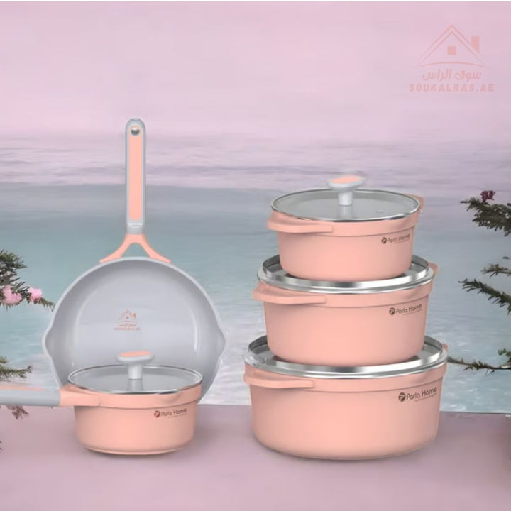 Coral Series 9 - Piece Crystal Ceramic Cookware Set | Pink Die - Cast Aluminum | 6 - Layer Non - Stick & Induction Compatible - Souk Al Ras