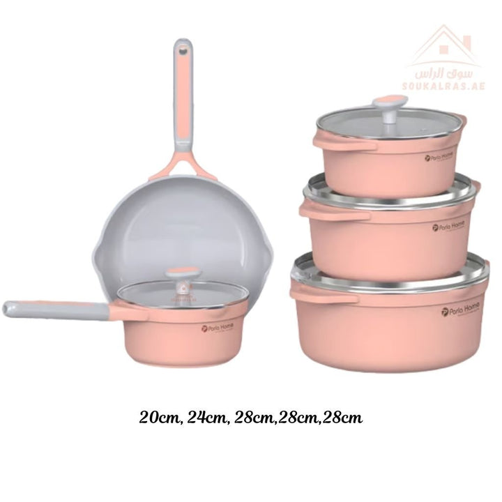 Coral Series 9 - Piece Crystal Ceramic Cookware Set | Pink Die - Cast Aluminum | 6 - Layer Non - Stick & Induction Compatible - Souk Al Ras