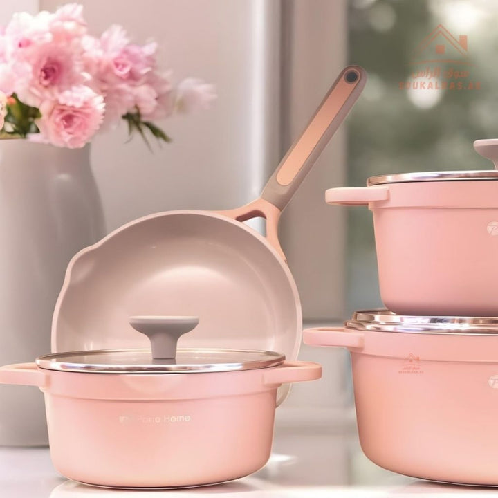 Coral Series 9 - Piece Crystal Ceramic Cookware Set | Pink Die - Cast Aluminum | 6 - Layer Non - Stick & Induction Compatible - Souk Al Ras