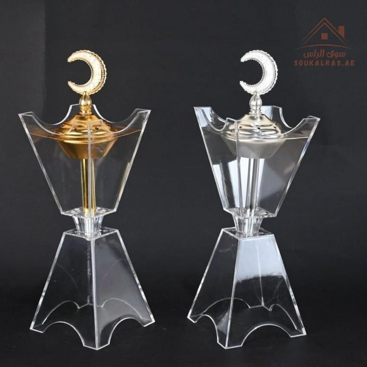 Crescent Crystal Bakhoor Burner | Gold & Silver | Premium Acrylic Oud & Incense Holder | Luxury Arabic Home Décor - Souk Al Ras