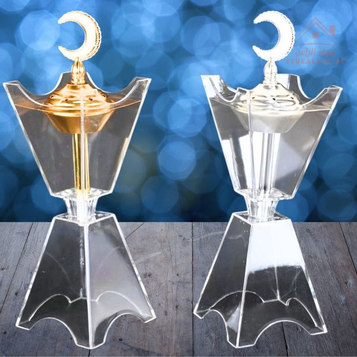 Crescent Crystal Bakhoor Burner | Gold & Silver | Premium Acrylic Oud & Incense Holder | Luxury Arabic Home Décor - Souk Al Ras