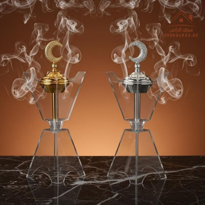 Crescent Crystal Bakhoor Burner | Gold & Silver | Premium Acrylic Oud & Incense Holder | Luxury Arabic Home Décor - Souk Al Ras