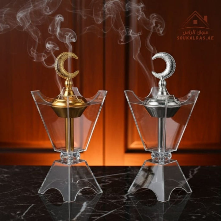 Crescent Moon Crystal Bakhoor Burner | Gold & Silver | Elegant Oud & Incense Holder | Luxury Arabic Home Décor - Souk Al Ras