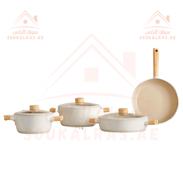 Crystal 7 - Piece Cooking Set | Ceramic Cookware with Wooden Handles |Made in Turkey - Souk Al Ras