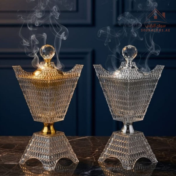 Crystal Bukhoor Burner | Elegant Diamond - Cut Tall Design | Available in Gold & Silver | Ideal for Home, Majlis & Gifting - Souk Al Ras