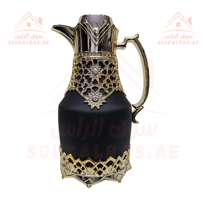 Dalaal Set of 2 | 1 Liter and 0.6 Liters | Black Crystal Embroidered | Pink Glass | Heat Preservation for 12 Hours, Cold for 24 Hours - Souk Al RasVaccum Flasks - Dallah