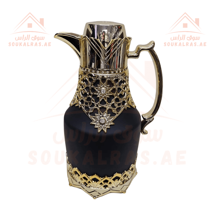 Dalaal Set of 2 | 1 Liter and 0.6 Liters | Black Crystal Embroidered | Pink Glass | Heat Preservation for 12 Hours, Cold for 24 Hours - Souk Al RasVaccum Flasks - Dallah