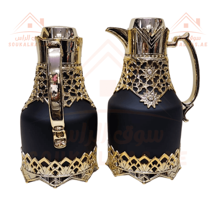 Dalaal Set of 2 | 1 Liter and 0.6 Liters | Black Crystal Embroidered | Pink Glass | Heat Preservation for 12 Hours, Cold for 24 Hours - Souk Al RasVaccum Flasks - Dallah