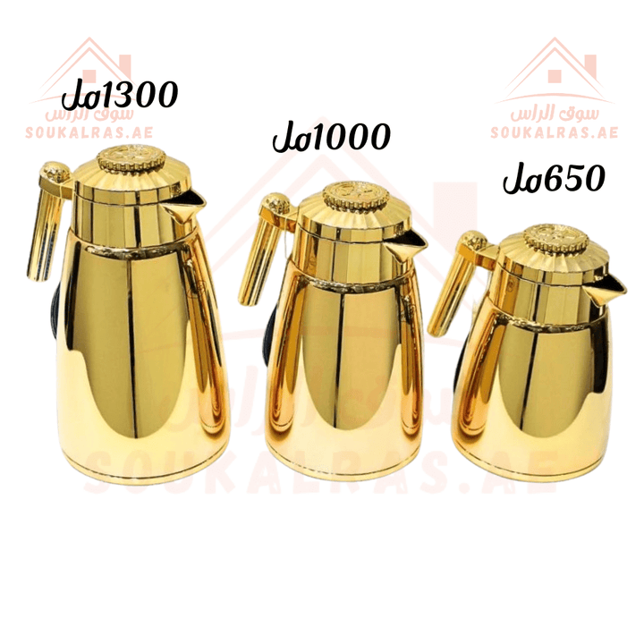 Dallahs Set of 3 Dallahs | 1300 ML - 1000 ML - 650 ML | Stainless Steel & Pink Glass | Elegant Arabic Coffee & Tea Server | Keeps Heat for 12 Hours - Souk Al Ras