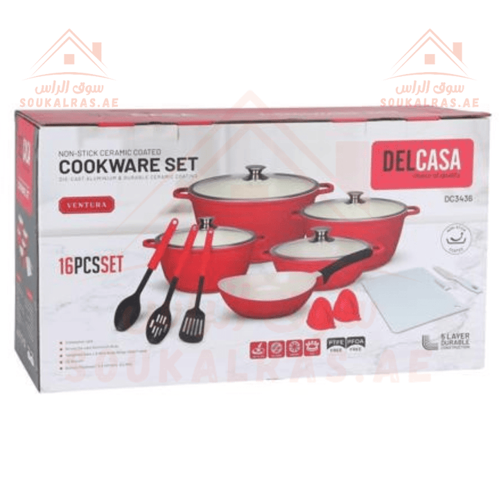 Delcasa 16 PCS Non - Stick Ceramic Coated Cookware Set - Premium Quality - Souk Al RasCookware Set