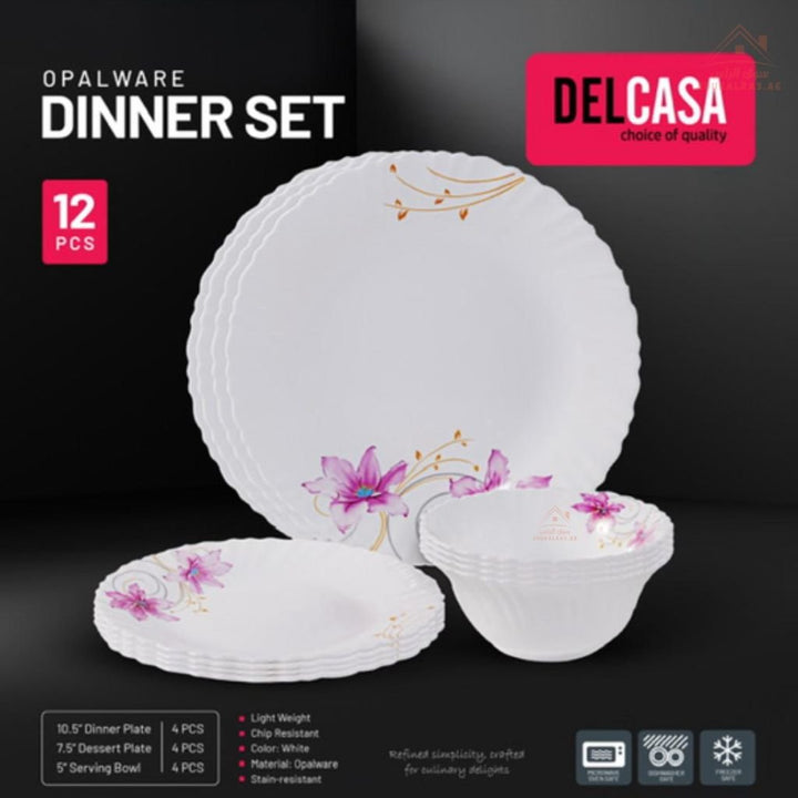 Delcasa Opalware Dinner Set - 12 Pieces Elegant and Durable | Eye - catching design and a luxurious touch to your table - Souk Al Ras