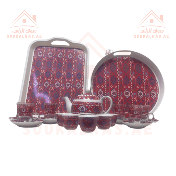 Deluxe Arabic - Patterned Camping Set For Arabic Coffee & Tea - RED - Set 19pcs With a jug to give as a gift - Souk Al RasPremium Camping Dining Set with Traditional Arabic Patterns