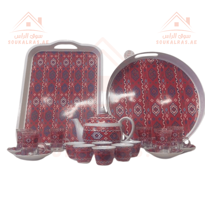 Deluxe Arabic - Patterned Camping Set For Arabic Coffee & Tea - RED - Set 19pcs With a jug to give as a gift - Souk Al RasPremium Camping Dining Set with Traditional Arabic Patterns