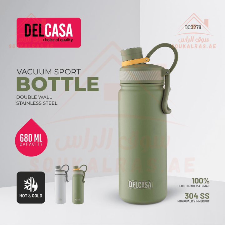 Double Wall Vacuum Sport Bottle - 680ML, Stainless Steel - Souk Al RasWater Bottles