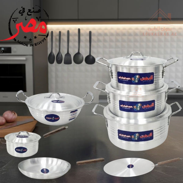 Eldahan Aluminum Cookware Set - 12 Piece (18, 23 , 25 ,28 , 30 ,30 cm)| Durable Cookware for Every Kitchen| spoon set - Souk Al Ras