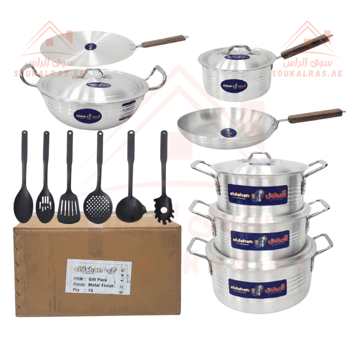 Eldahan Aluminum Cookware Set - 12 Piece (18, 23 , 25 ,28 , 30 ,30 cm)| Durable Cookware for Every Kitchen| spoon set| Made in Egypt - Souk Al Ras