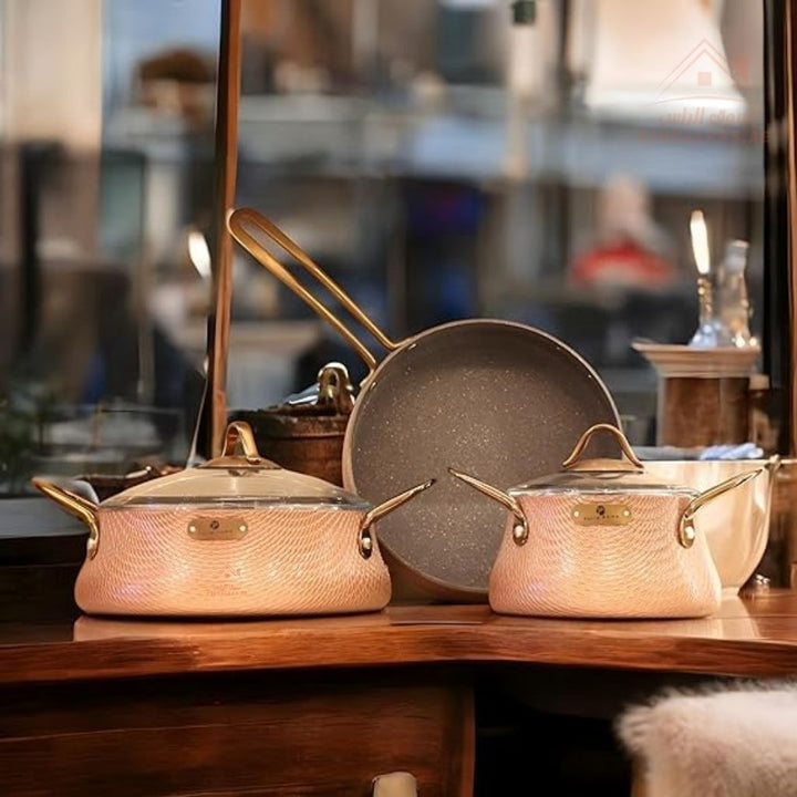 Elegance Series 9 - Piece Gold Granite Cookware Set | Premium Forged Aluminum Pots & Pans | Made in Turkey - Souk Al Ras