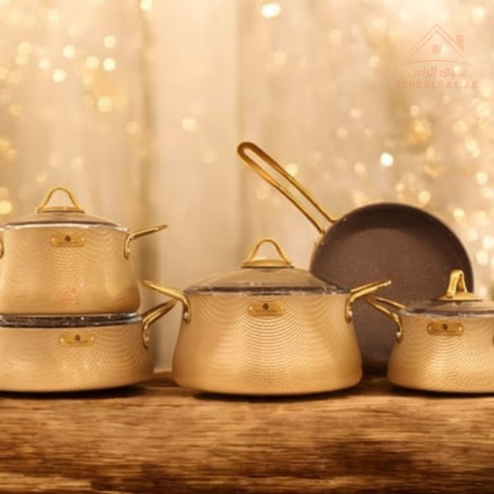 Elegance Series 9 - Piece Gold Granite Cookware Set | Premium Forged Aluminum Pots & Pans | Made in Turkey - Souk Al Ras