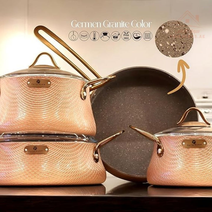 Elegance Series 9 - Piece Gold Granite Cookware Set | Premium Forged Aluminum Pots & Pans | Made in Turkey - Souk Al Ras