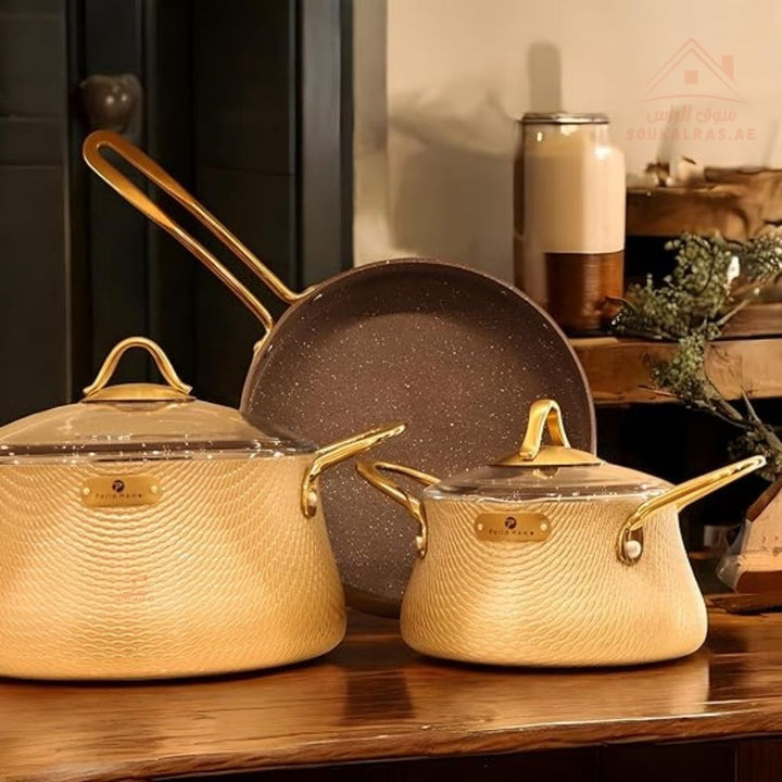 Elegance Series 9 - Piece Gold Granite Cookware Set | Premium Forged Aluminum Pots & Pans | Made in Turkey - Souk Al Ras